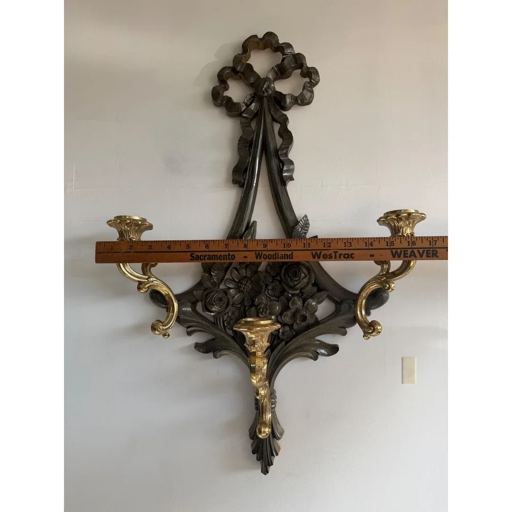 Vintage Syroco 3 Arm Wall Sconce Floral Bow Hollywood Regency Gold Faux Wood 25